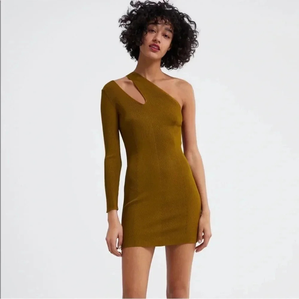Zara ribbed one shoulder metallic knit mini dress